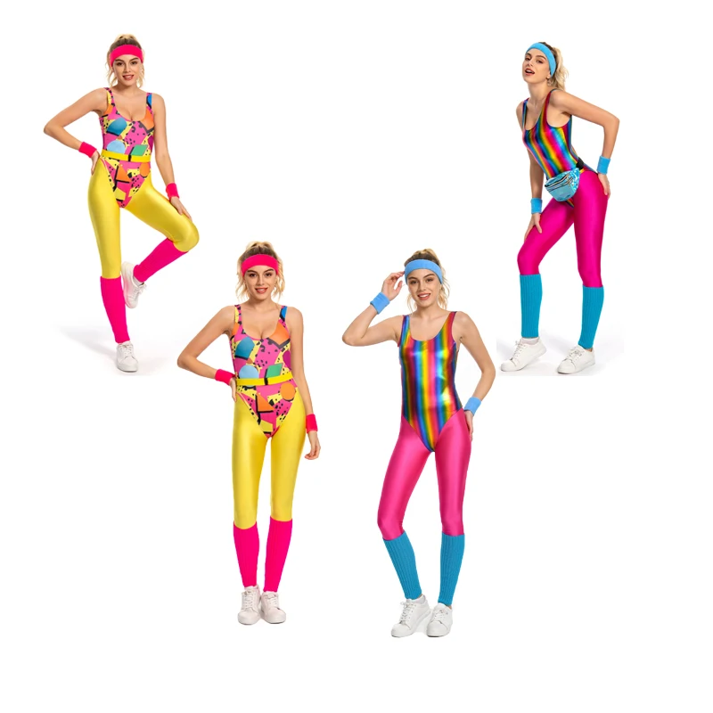 

Retro 6Pcs/Set Women 80s 90s Legging Cosplay Costume Female Colorful Printed Sportwear Jumpsuit Headband Outfits Halloween Cloth