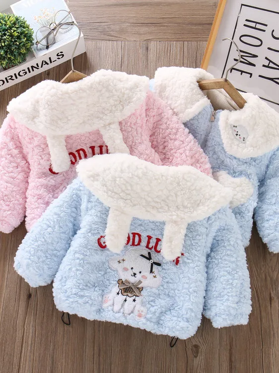 

Girls Winter Fce Lined Cotton Blend Knitwear Navy Collar Cartoon Jaet Coat Trendy Kids Casual Zipper Inner ket Long S...