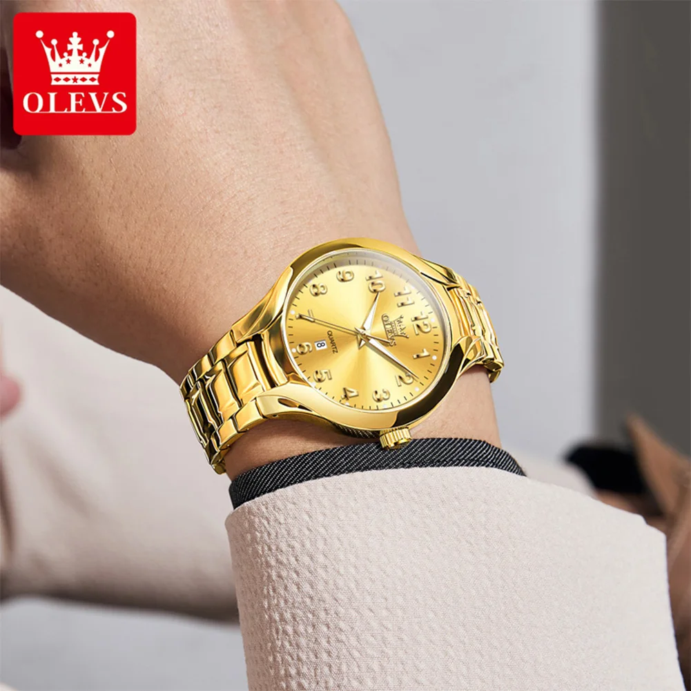 OLEVS Men's Watches 3650G Top Brand Luxury Gold Original Quartz Watch for Man Waterproof Luminous Date Arabic Numerals Dial relo