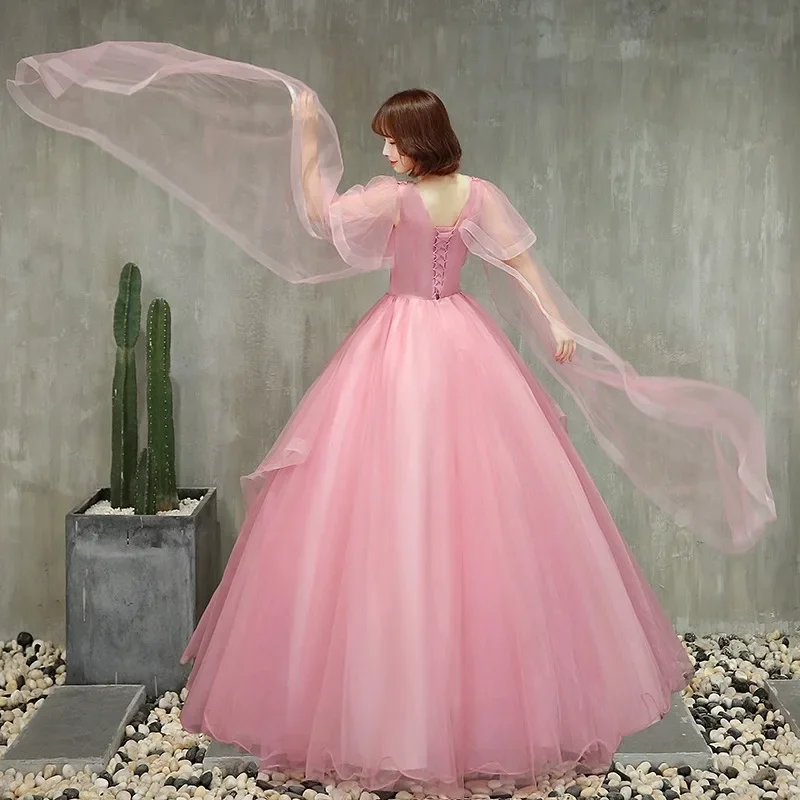 2026 New Women's Banquet Slimming Embroidered V-neck Evening Dress Fashion Mesh Voice Stage Host Party Sweet Big Swing Dress