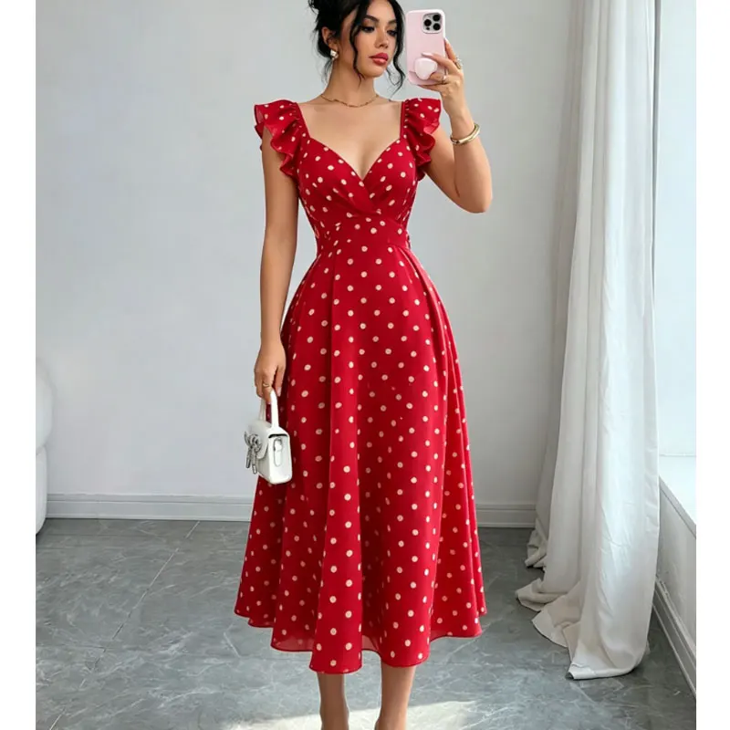 Neue Sommerkleider für Damen, ärmellos, V-Ausschnitt, schmales A-Linien-Kleid mit Punkten und Schnürung, Vestidos De Verano Mujer