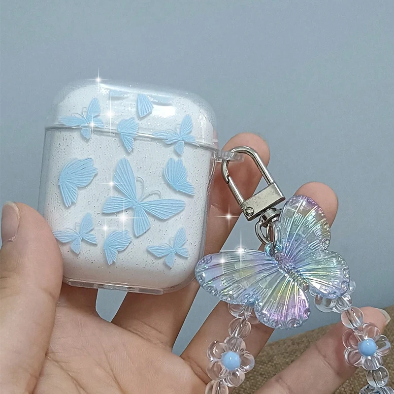Funda para auriculares con colgante de mariposa de cristal, pulsera con cuentas para Apple Airpods 4 /3, funda para auriculares Airpods Pro/Pro2 con llavero