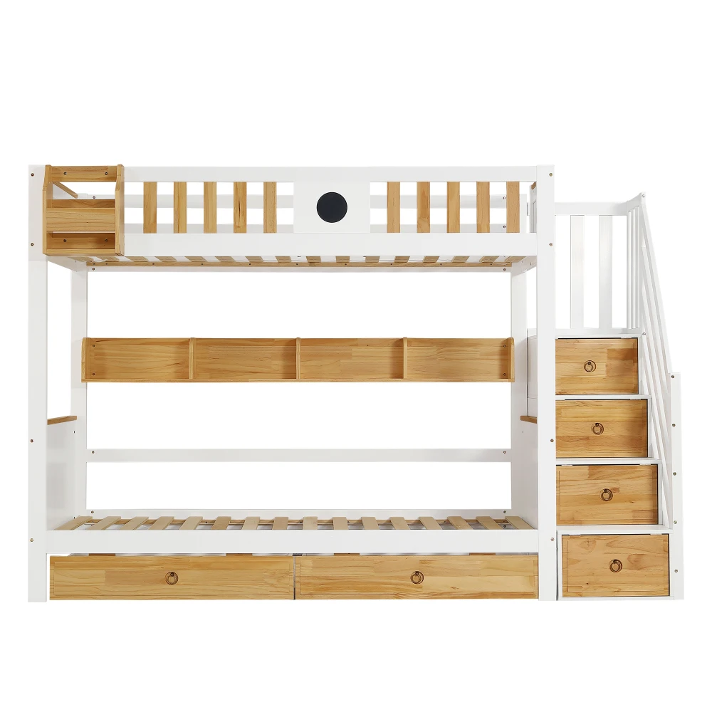 PINGGO Weißes Naturholz-Etagenbett 90x200cm mit Stauraum-Treppe, 4 Schränken, 2 Schubladen, offenem Regal, Fallschirmgitter, Kiefer+MDF, ohne Matratze – Detail 11