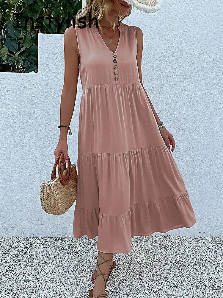 

Casual Sleeveless Tank Dress Women Summer Soild V Neck Buttons Ruffle Midi Dresses 2023 Elegant Fashion Beach Loose Sundress