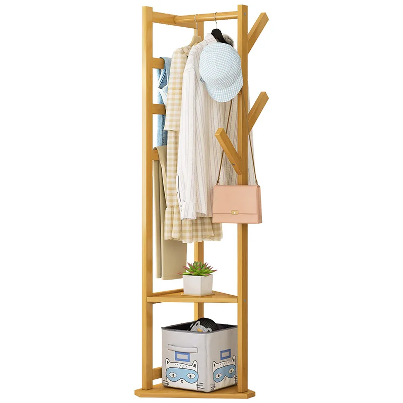 

Indoor bedroom small multi-functional shelf solid wood coat rack floor hanging bag rack