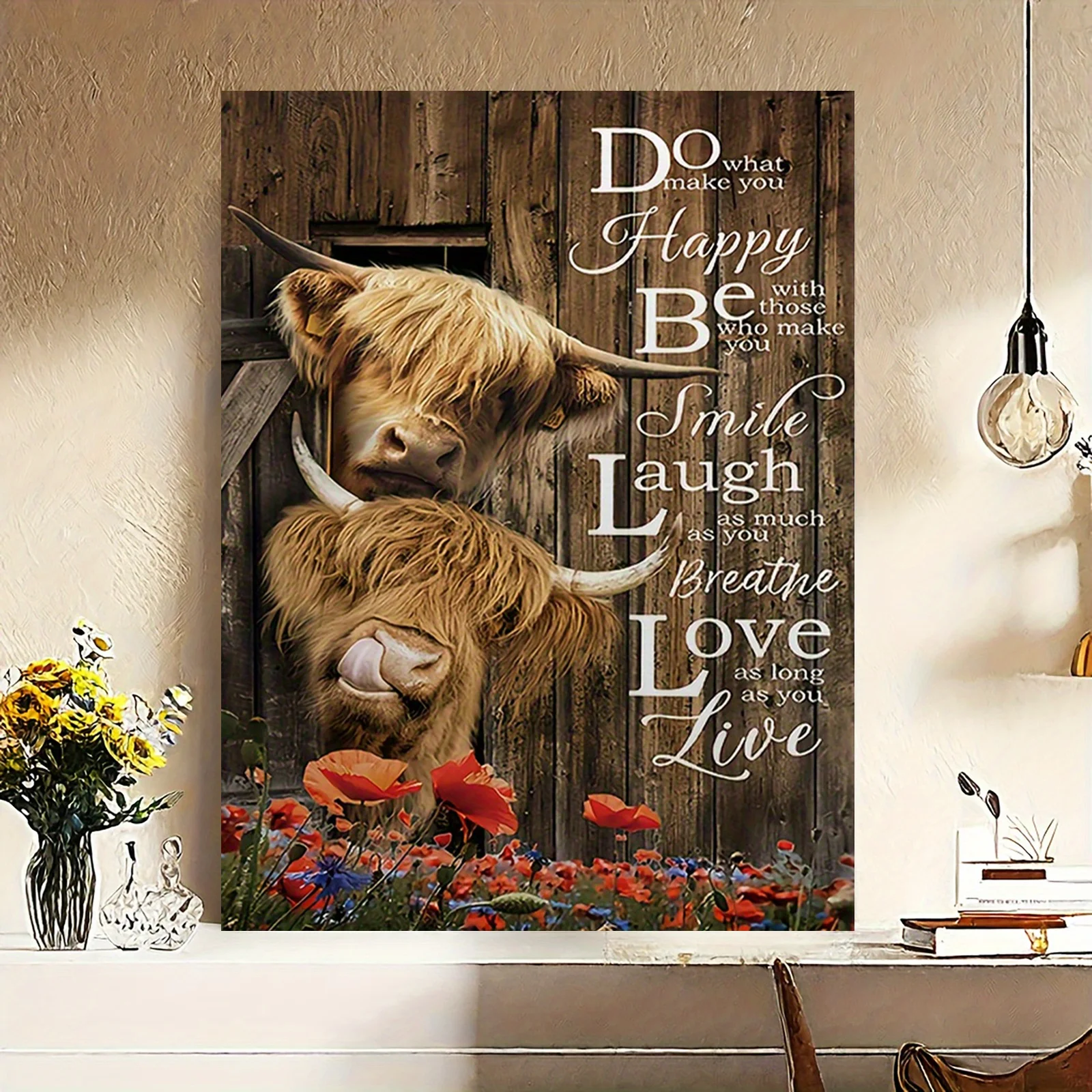 Highland Cow & Red Poppy Inspirational Canvas Art Print, - Frameless Wall Decor for Home, Bedroom, Kitchen, Living Room, Office,