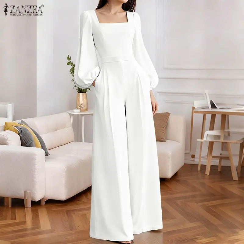 

ZANZEA Summer Spring Women Jumpsuits Long Sleeve Puff Sleeve Square Collar OL Work Overalls Playsuits Wide Leg Pant Streetwear