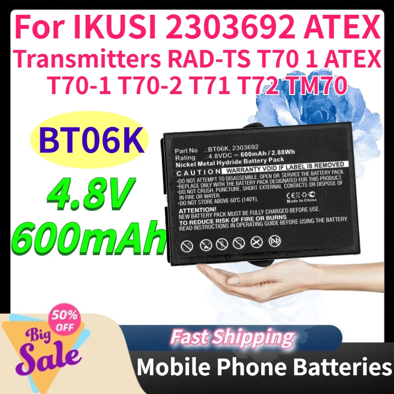 New BT06K 600mAh 4.8V NI-MH Battery for IKUSI 2303692 ATEX Transmitters RAD-TS T70 1 ATEX T70-1 T70-2 T71 T72 TM70 in Stock