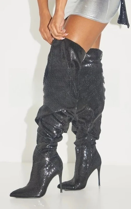 

2025 New Black Sexy Catwalk Ladies Over Knee Boots Pointed Fish Scale Sequins Model Stiletto Boots Street Fashion Stage Boots