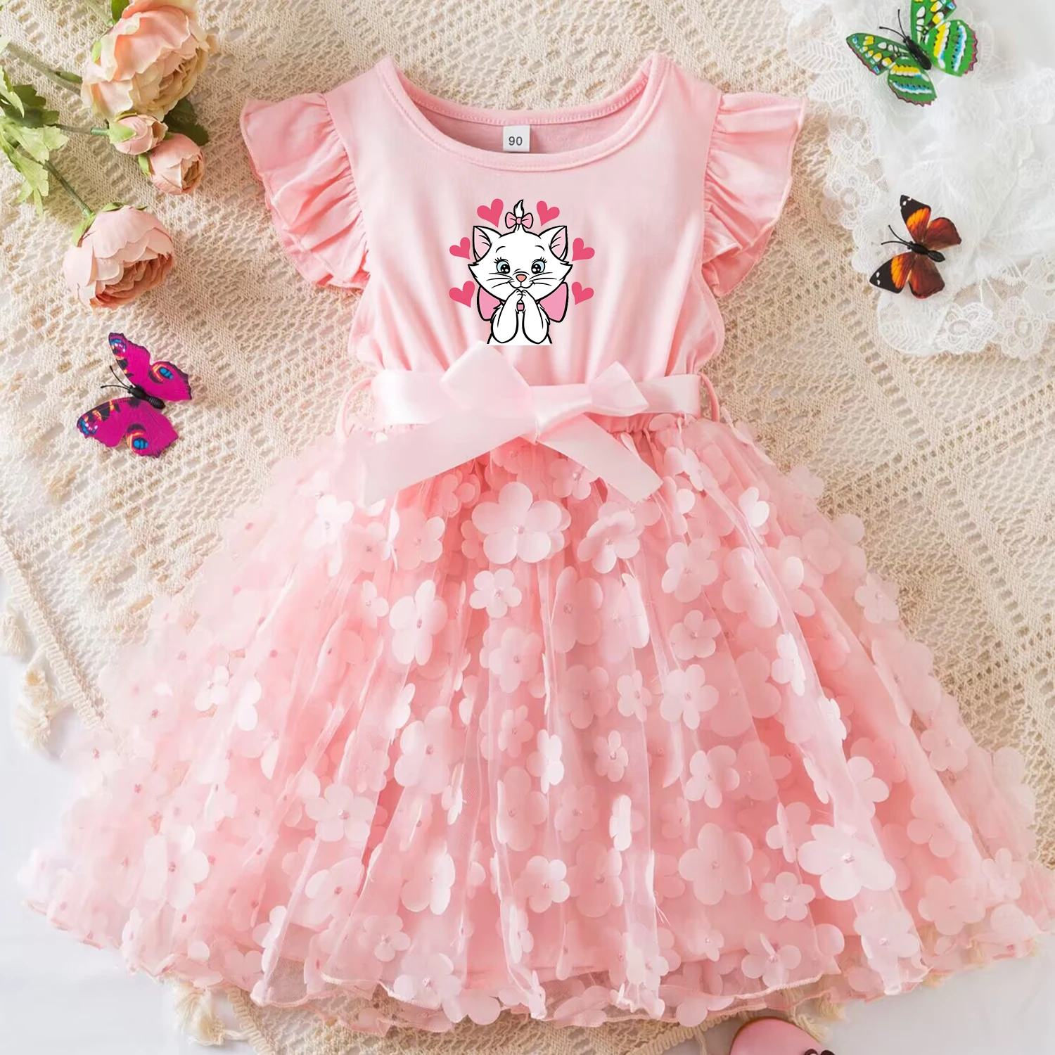 The Aristocats Marie Cat Summer Dress for Kid's Casual Clothes 3D Butterfly Cute Baby Girls Princess Dress Party Dresses 2-6 Yrs