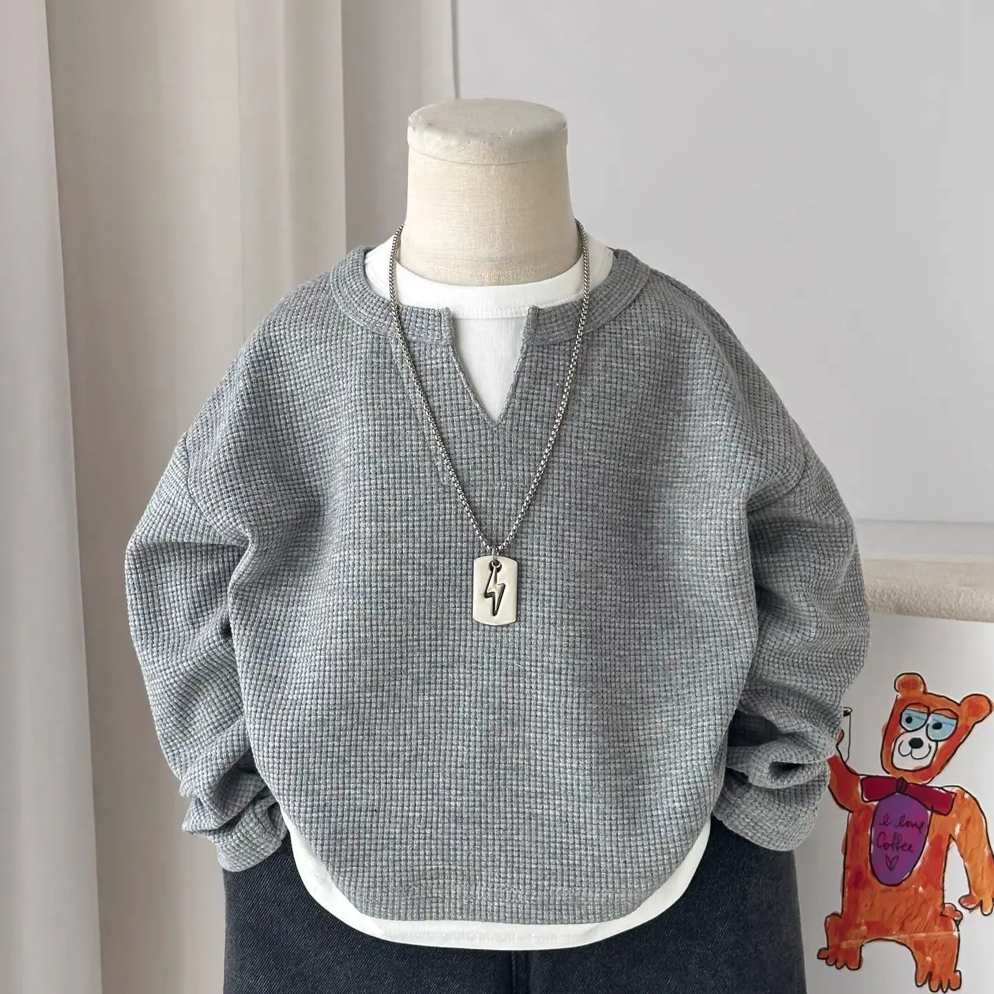 Kids Boys Waffle Grid Long Sleeved V-neck T-shirt Spring Autumn 2026 Pullover Cotton Hoodie Kids Handsome Fake Two Items Tops