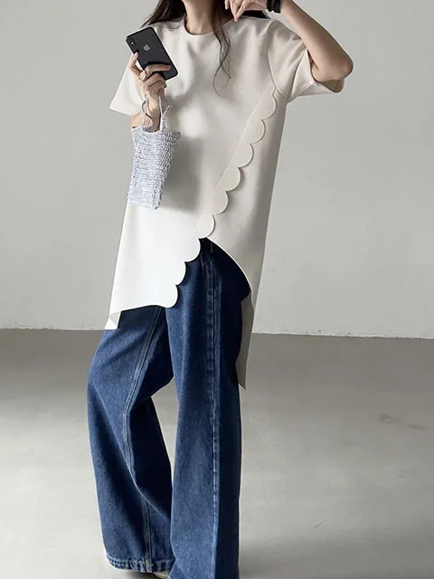 Fashionable Summer Wave Pattern Loose Women's T-shirt Chic Korean Style round Neck Short Sleeve Top Elegant Atmosphere