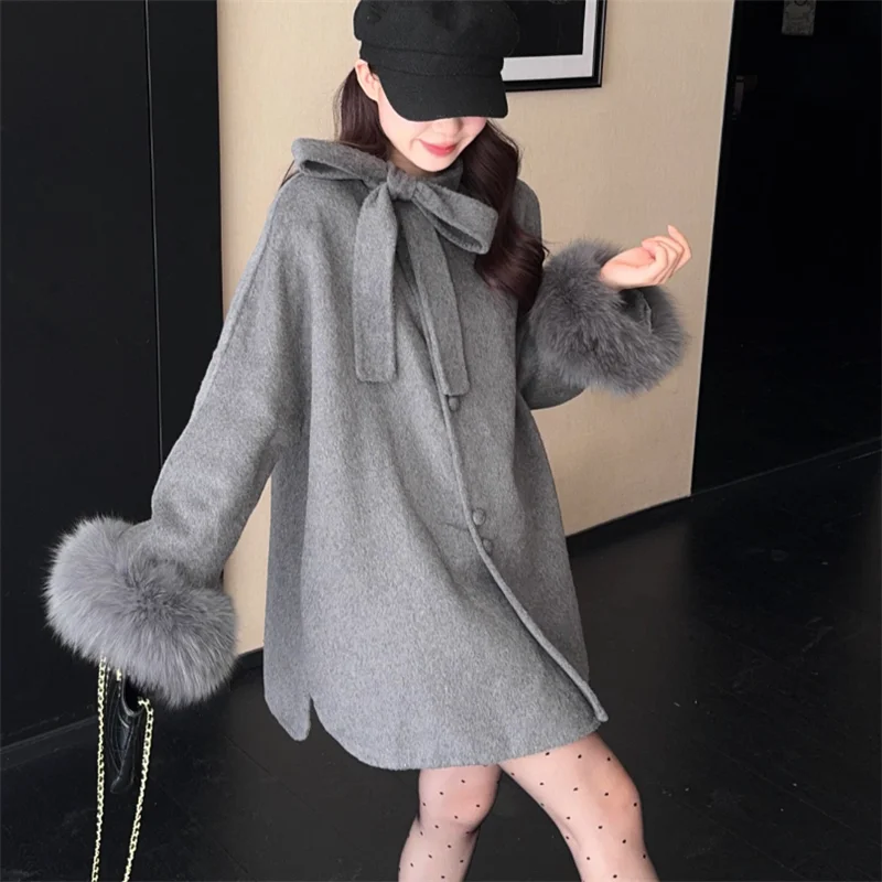 

Elegant Women Luxury Bow Long Grey Coat Loose Cloak Cape Celebrity Lady Retro Fall Winter Fur Cuff Sleeve Jacket A Line Outwear