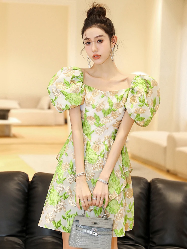 DEVCHATA Luxury Jacquard Women Dress Green Temperament Puff Sleeve Princess Dresses Summer Retro Floral Party Short Vestido