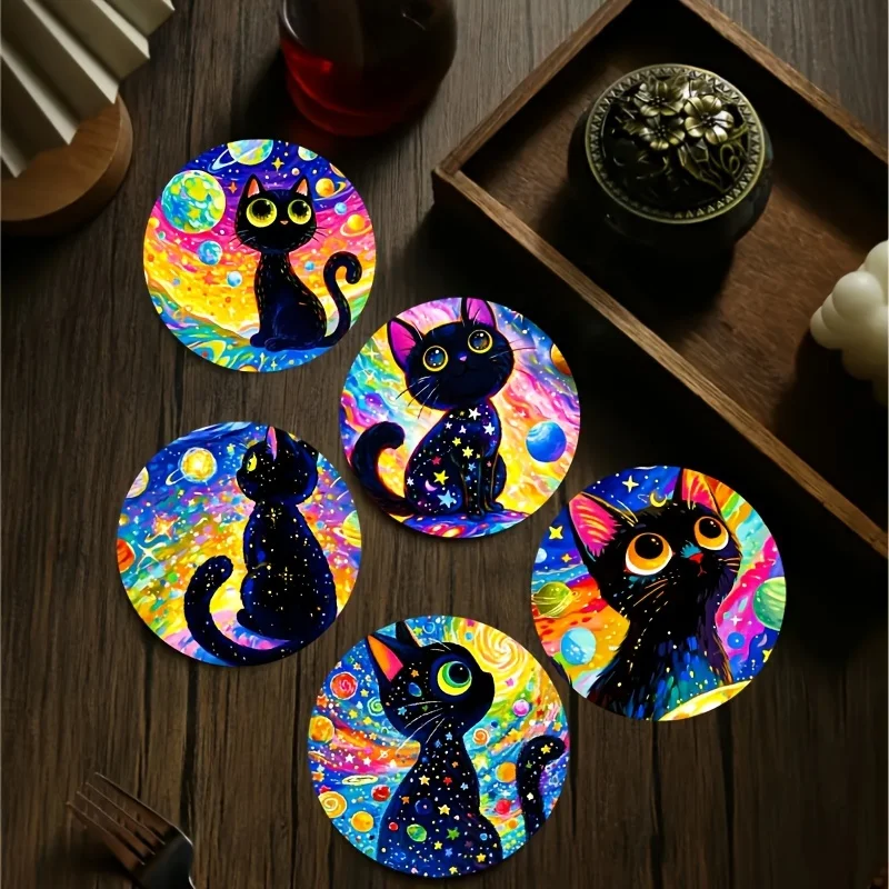 6er-Set, 2D-Untersetzer mit buntem Katzenmotiv, Kunst-Untersetzer, rund, aus Holz, hitzebeständig, rutschfest, Heimdekoration, Geschenk, multifunktional