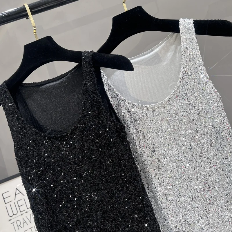 2026 New Spring Summer Shiny Sequins Female Camisole Sexy Sleeveless Basic T-shirt Round Neck All-match Women Sexy Tanks Top