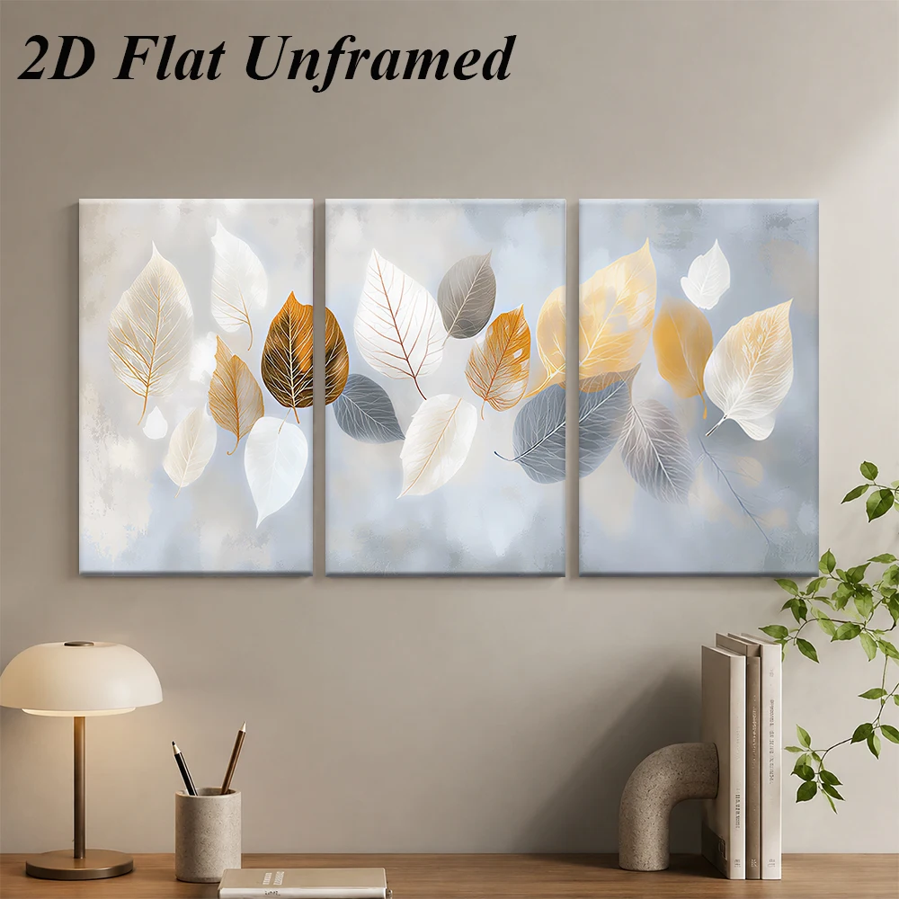 3PCS Frameless,1 set of modern minimalist leaf triple frameless decorative paintings, living room sofa background wall, bedroom