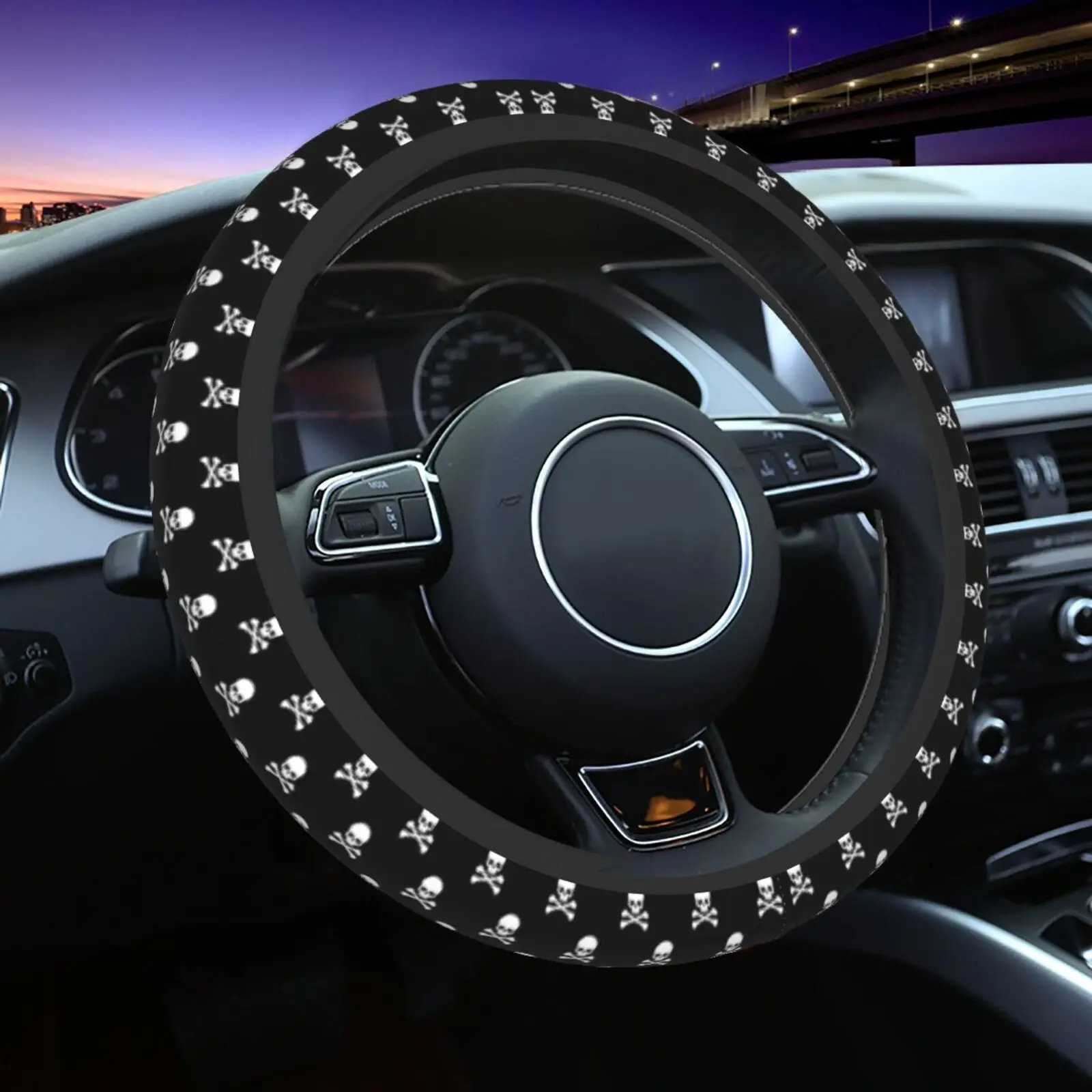Skull Pattern Print Steering Wheel Cover Anti-Slip Uv and Sun Protection Universal Fit 15 Inch Car Wheel Protector for Women Men