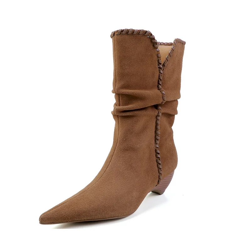 

Women Western Boots New Trendy Kitten Heel Elegant Shoes Brown Khaki Genuine Leather Ankle Boots Cowgirl Cowsuede Boots