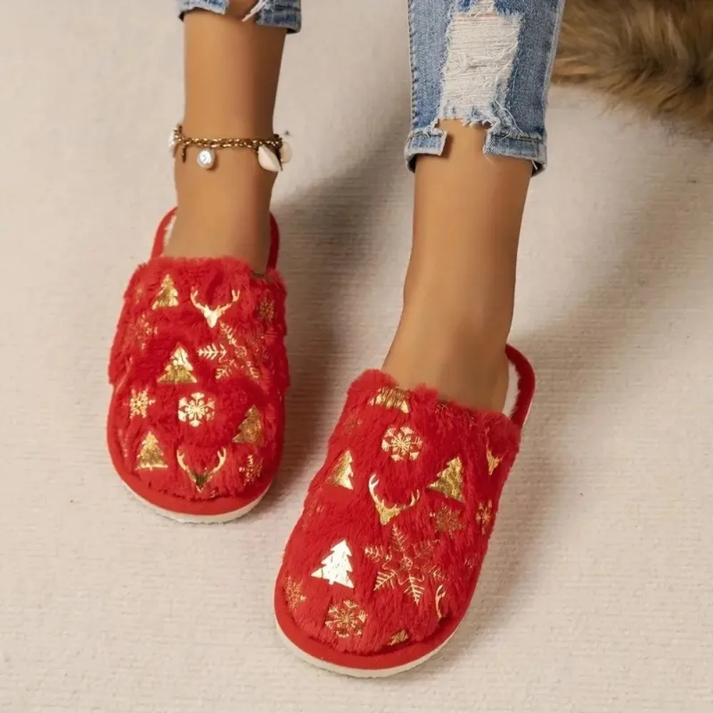 Non-Slip Round Toe Slippers Golden Snowflake Elk Xmas Tree Print Christmas House Slippers Soft Fluffy Couple Slippers Couple