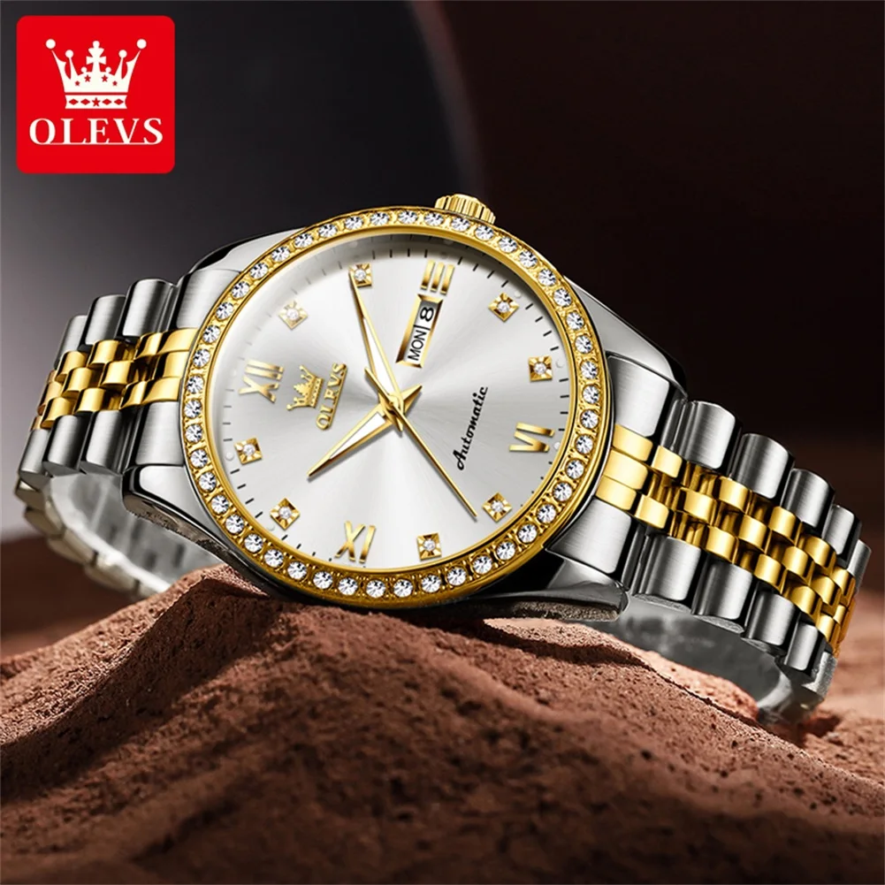 OLEVS 7012 Mens Watch Automatic Mechanical Watch Diamond Bezel Waterproof Luminous Watch Day-Date Watch With Box Original Reloj