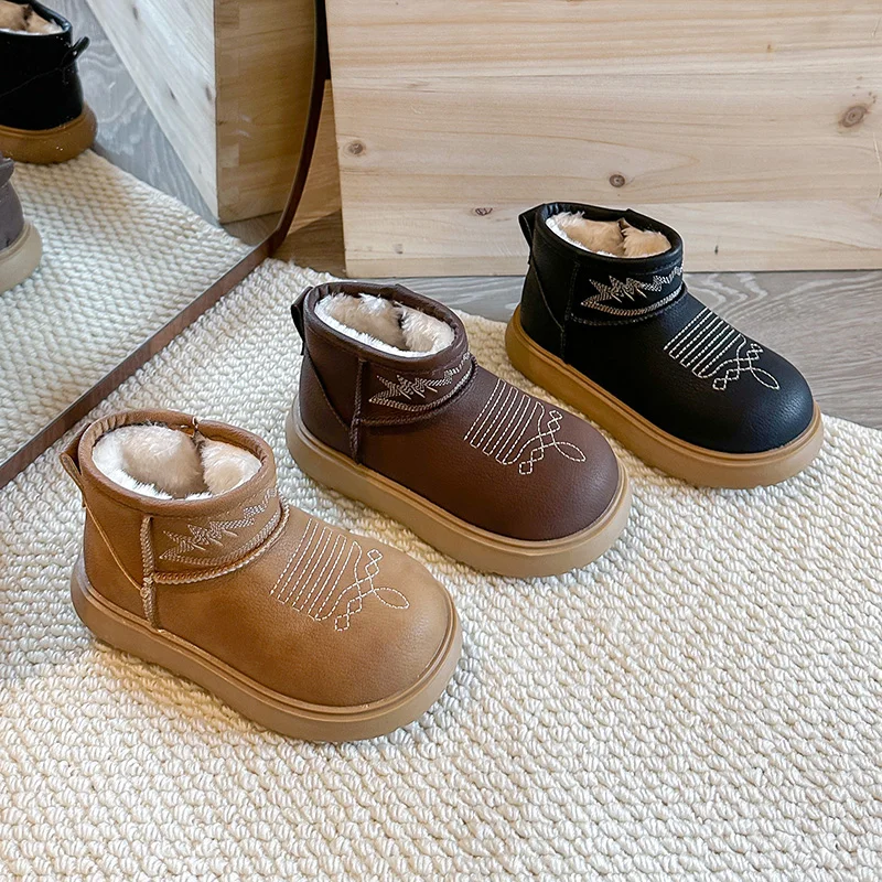 Winter New Kids Snow Boots Outdoor Thermal Children Fashion Ankle Cotton Boots Causal Simple Non-slip Girls Platform Plush Boots