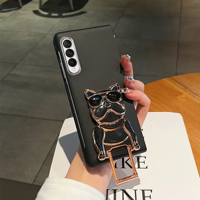 Fashion Cute Cartoon Electroplated Dog Stand Holder Bracket Case For Samsung Galaxy Z Fold 6 5 4 3 2 5G Matte Skin Feel Cover