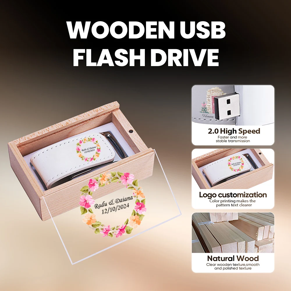 Новый популярный кожаный USB-накопитель 128 ГБ с цветной печатью логотипа, 64 ГБ, флэш-накопитель для фотостудии, 32 ГБ U-диск, свадебный подарок