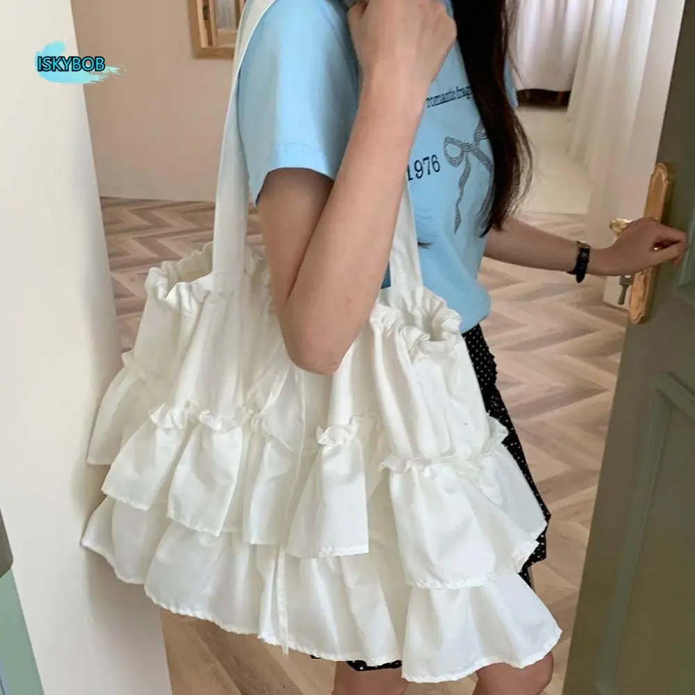 Cake Skirt Shape Lotus Leaf Shoulder Bag Large Capacity Fashion Drawstring Handbag Korean Style Solid Color Tote Bag Outdoor