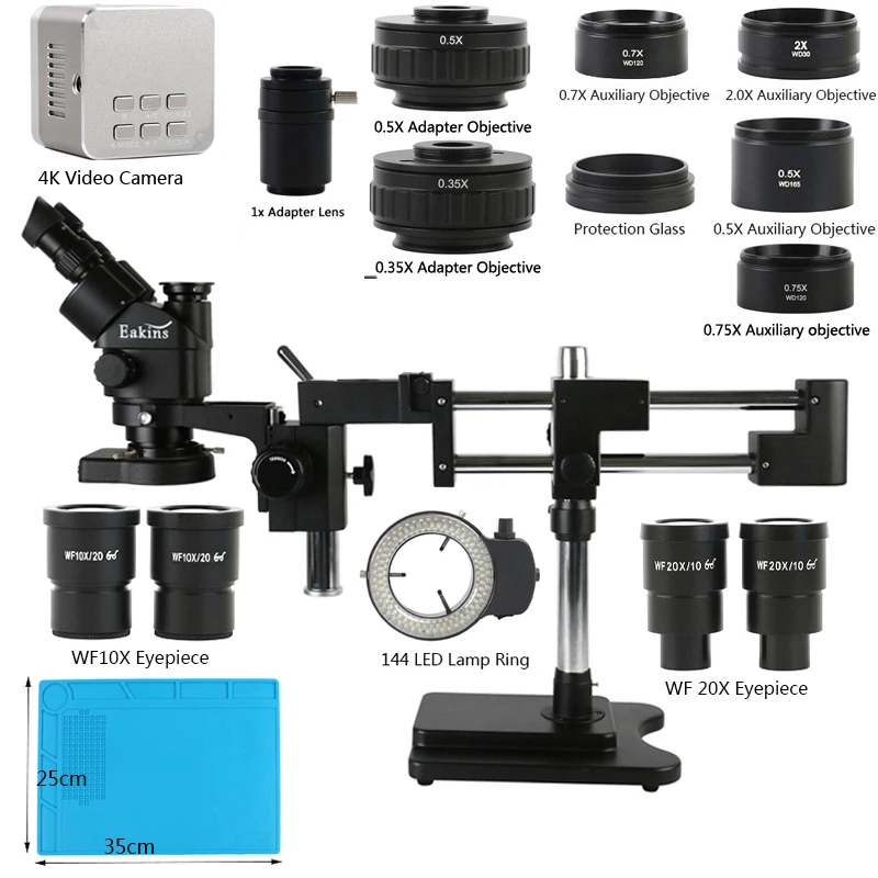 Microscopio Estéreo Trinocular Simul Focal con Soporte de Brazo Doble Deslizante 3.5X-180X, Cámara de Video 4K HDMI USB Tipo-C para Microscopía