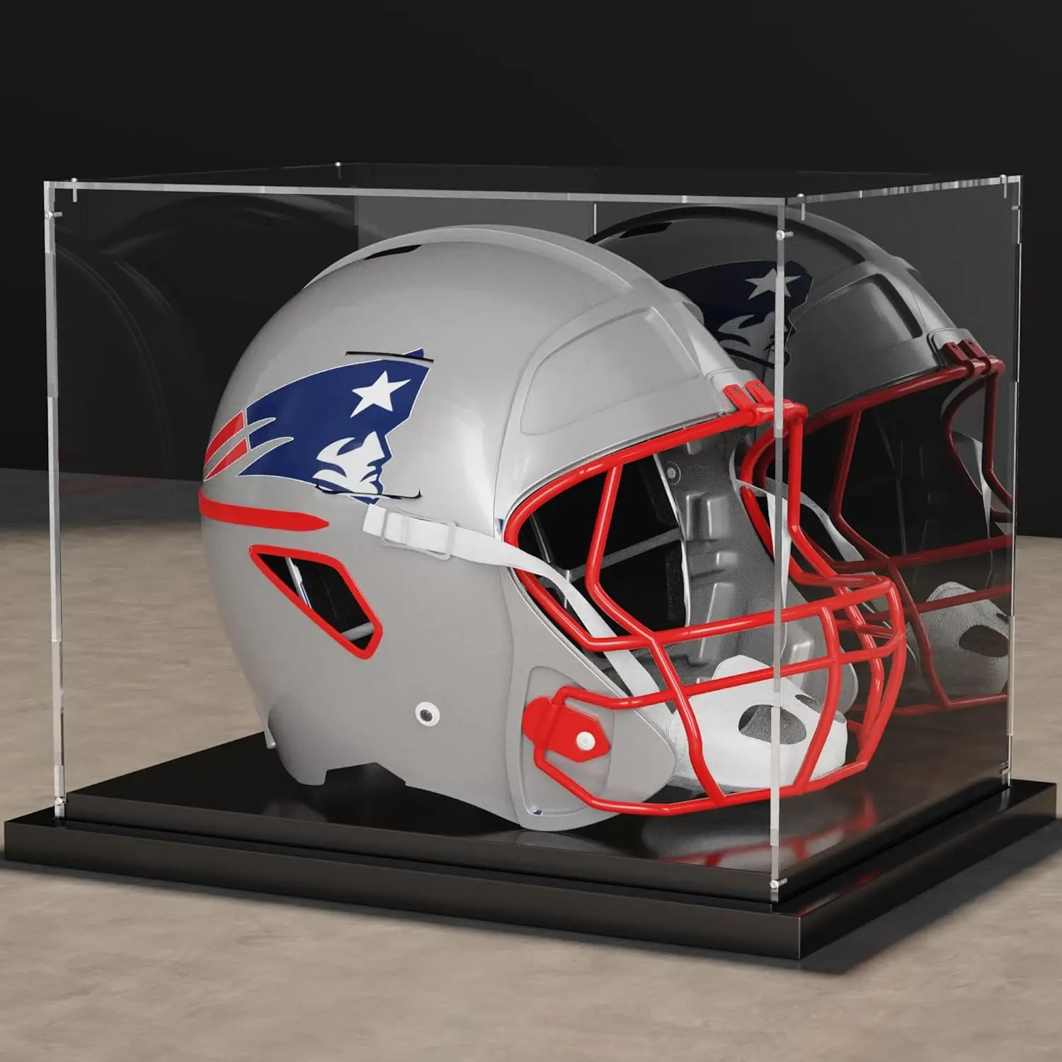 

Full Size Football Helmet Display Case with Mirror, Black Metal Base, Clear Acrylic for Sports Memorabilia Collectibles