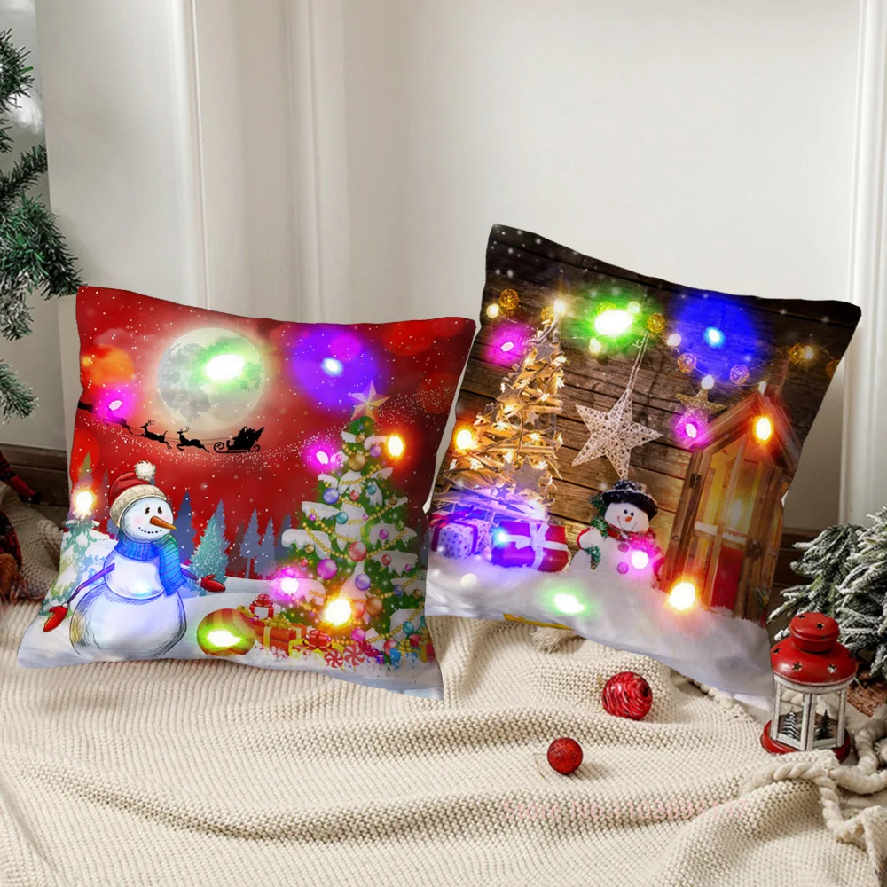 LED Christmas Cushion Cover Merry Snowman Light Pillow Cover Christmas Lighting Pillowcase Home Decoration New Year Decor
