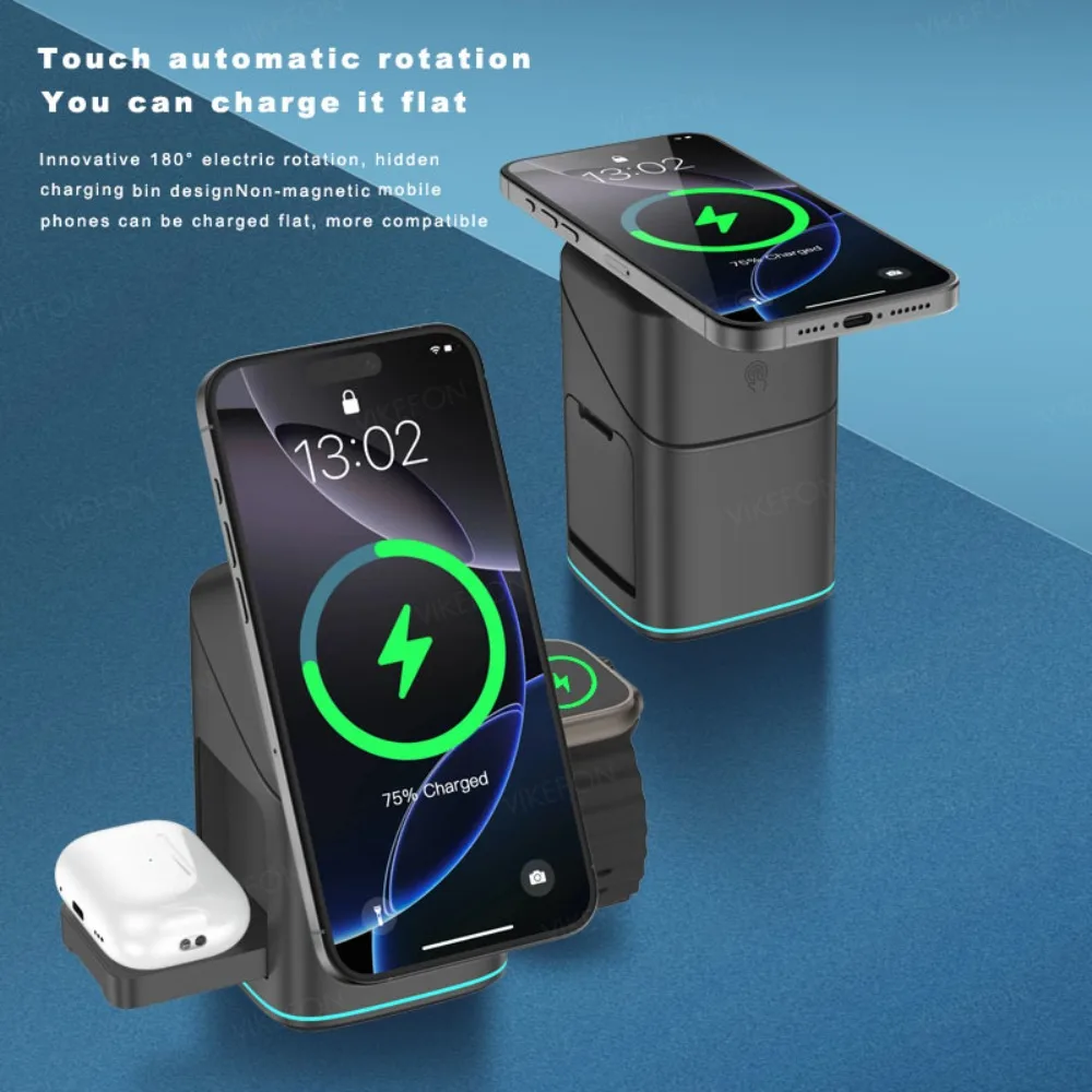 

Magnetic 3 in 1 Wireless Charger Touch 180° Rotation Stand For iPhone 16 15 14 13 12 Apple Watch 10-2 AirPods Pro Fast Charging