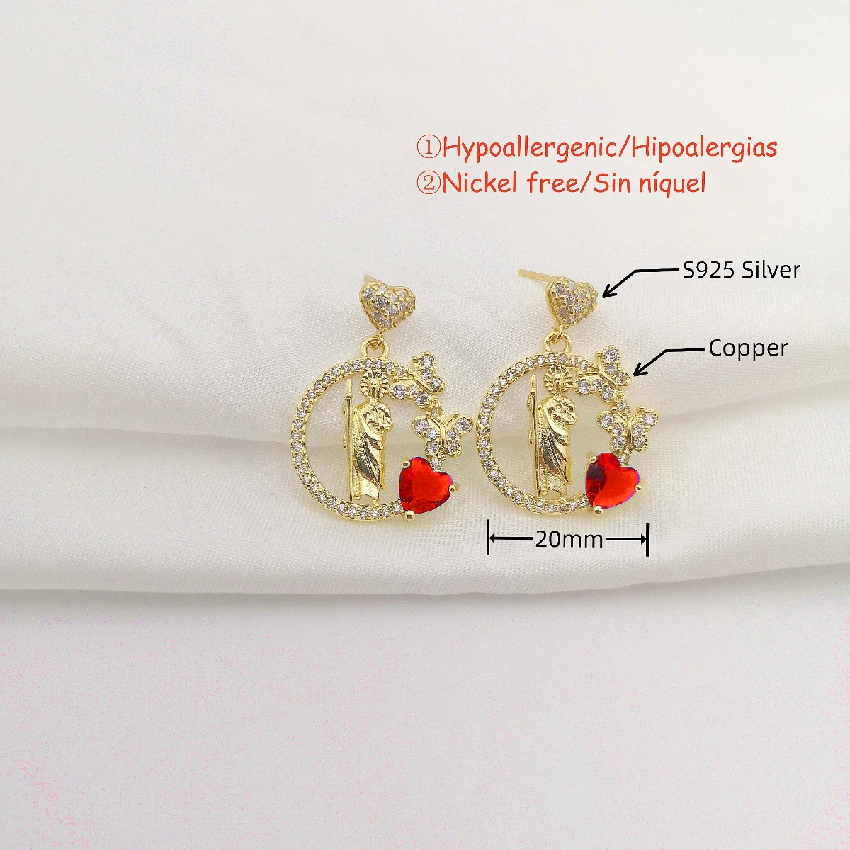 Gold Color Round St. Jude Stud Earrings Real S925 Sterling Silver Heart Ear Studs Colored Judas Drop Earrings for Women Earrings