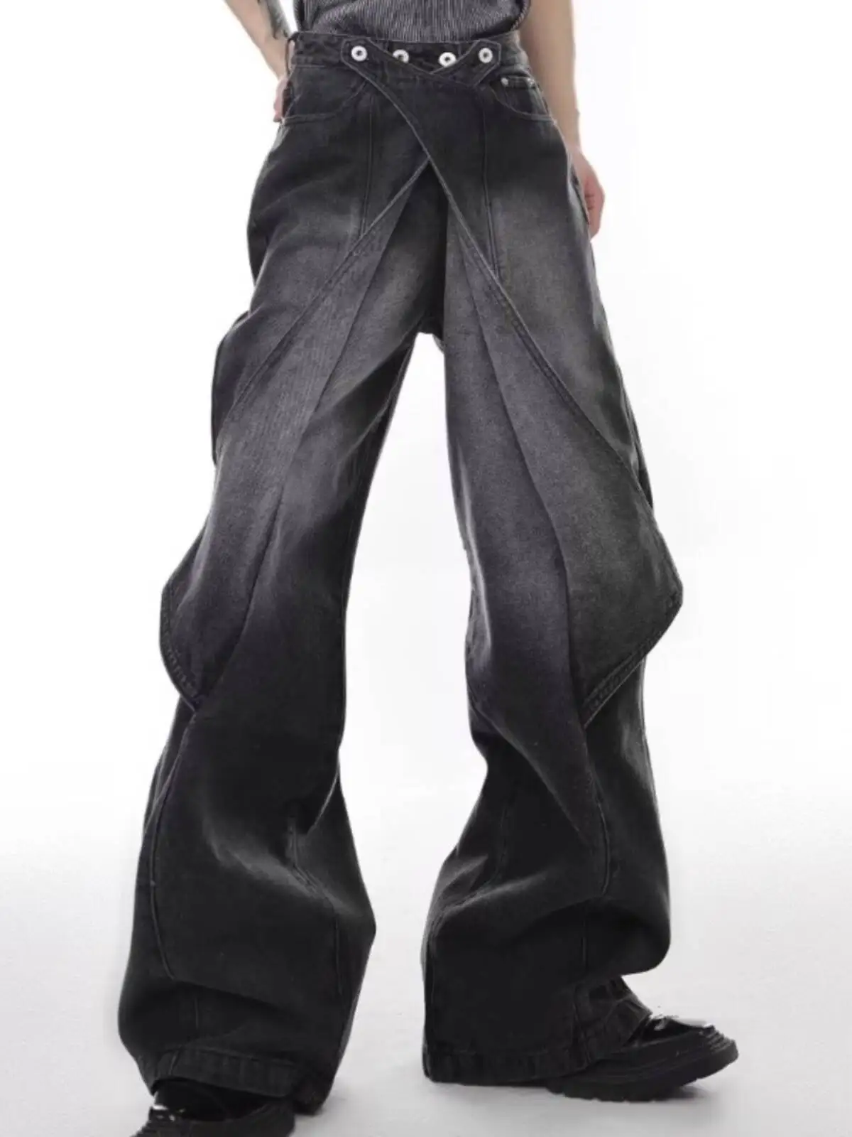 للجنسين الجينز 2025 جديد المرقعة رجل جينز غير رسمي المرأة ريترو مفكك البضائع للتحويل مضيئة الدينيم بنطال ذو قصة أرجل واسعة #1