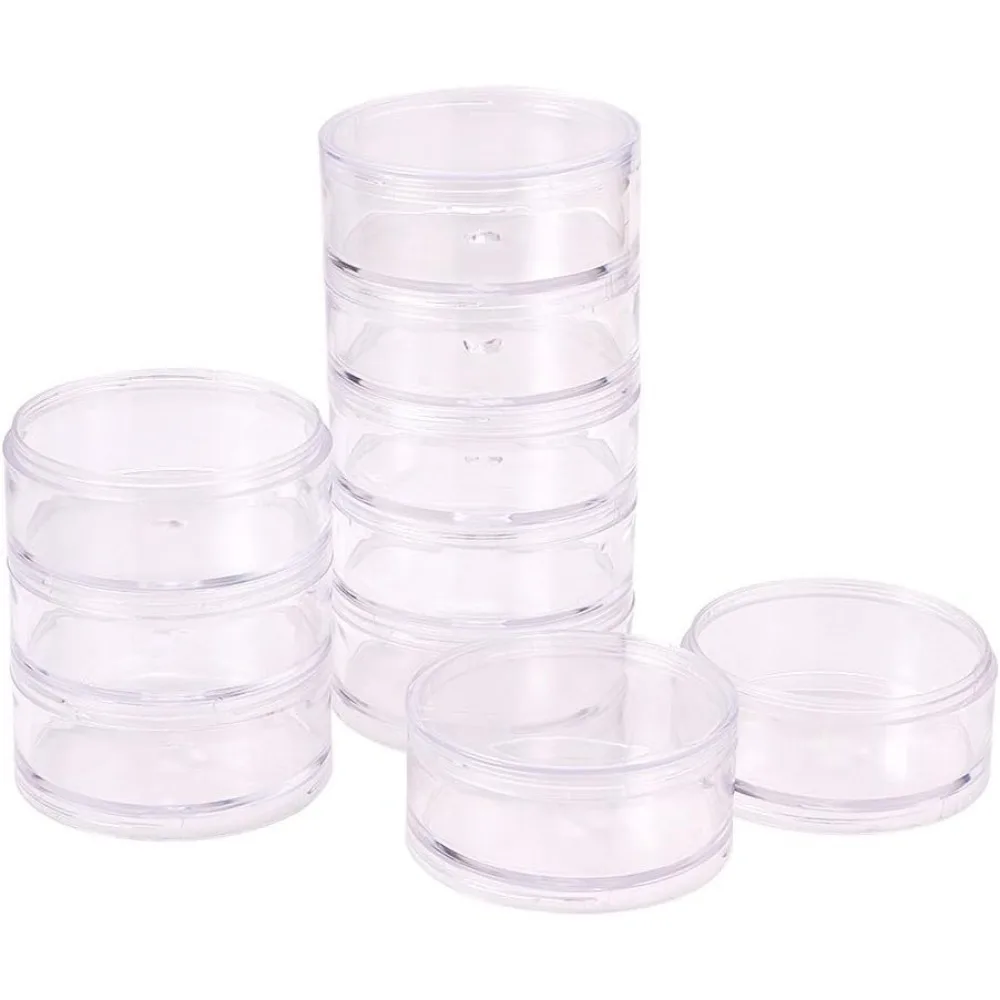 2 Sets 5 Layer Cylinder Stackable Bead Containers 15ml Plastic Round Clear Storage Organizer Box with Screw Lid for Make Up Eye