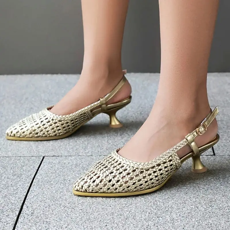 Summer Shoes Sandals for Women Fashion Breathable Luxury Gold Silver Footwear Large Size Point toe Kitten Heels Wedding Shoes