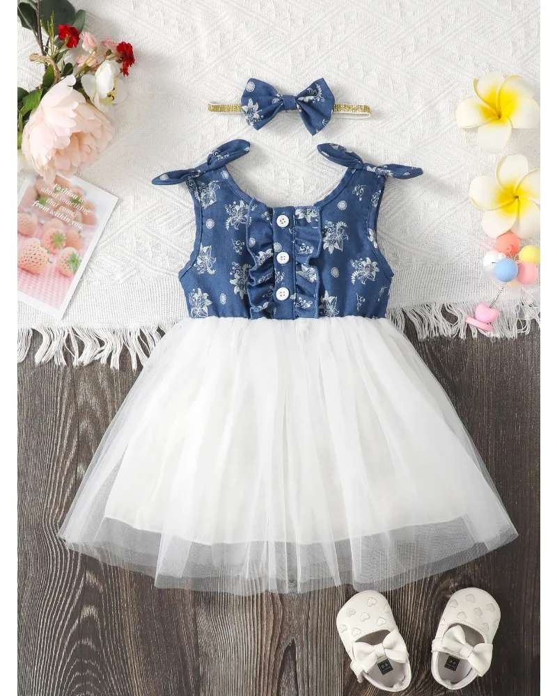 2PCS Baby Girl Fashion Dress Denim Sleeveless Spliced Mesh Skirt+Bow Headband Summer Dress for Toddler Girl 0-3Years Party Wear