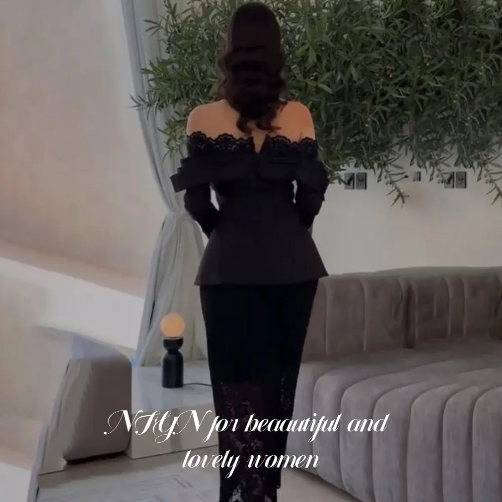 

NFYN Black Long Stain Prom Dress Trumpet Off the Shoulder Night Dress Pleat Evening Gown Lace Full Sleeve Party Dress Customized
