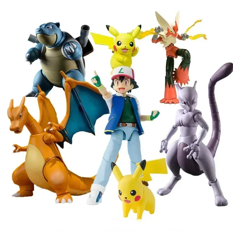 Bandai Original Pokemon S.H.Figuarts SHF Ash Ketchum Pikachu Jessie James Meowth Anime Action Figures Toys for Kids Gift