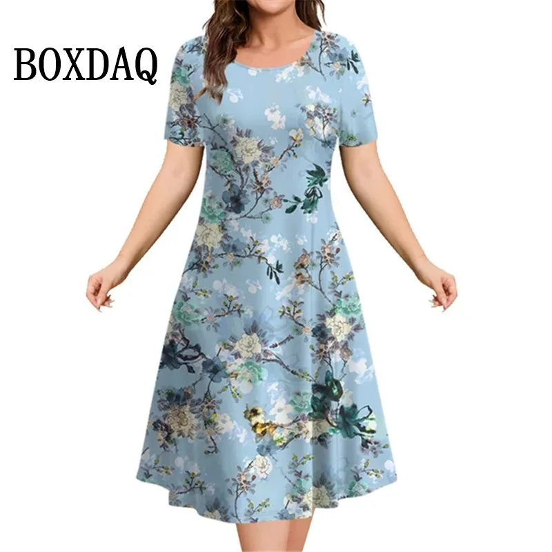 Plant Flowers Print Women's Dresses 2023 Summer Short Sleeve Clothing Casual Female Dress Retro Ladies Loose Plus Size Dresses