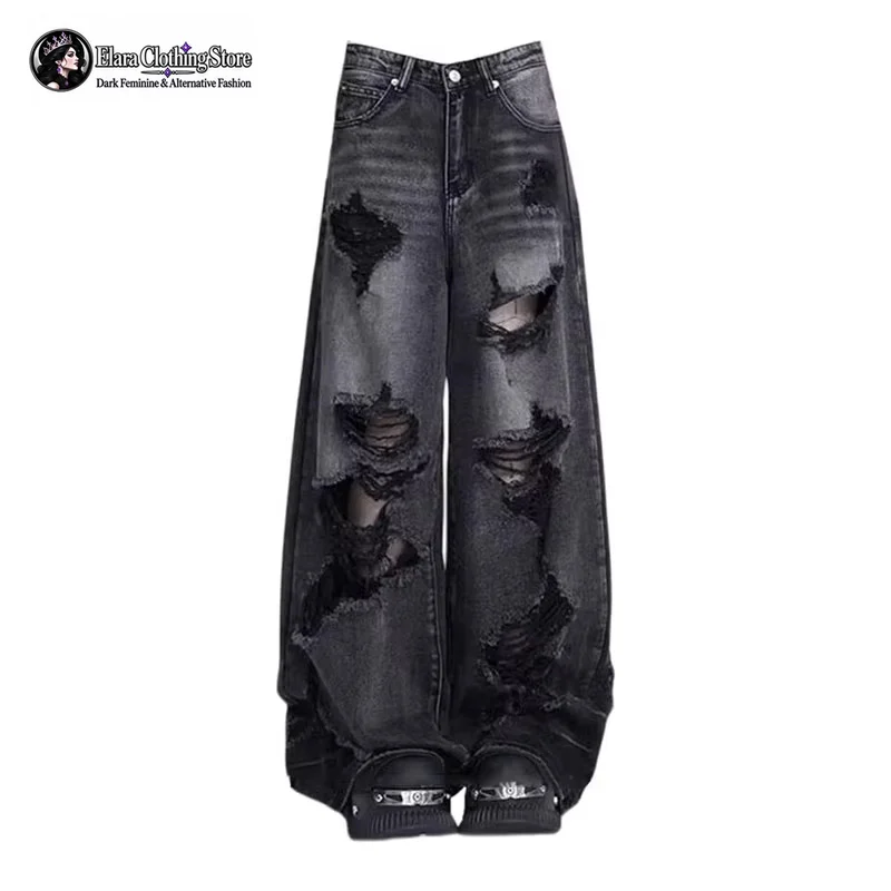 Elara New Y2k Style Ripped Women's High Waisted Jeans Retro High Street American Slimming Loose Wide Leg Straight Leg Pants