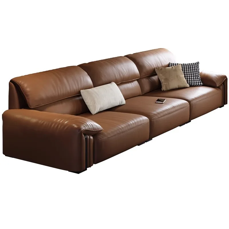 Italian minimalist leather sofa, first-layer cowhide living room furniture, modern simple light luxury retro