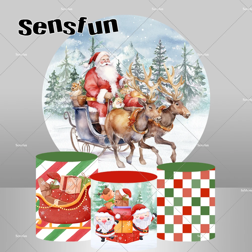 Merry Christmas Round Backdrop Outdoor White Snow Christmas Tree Santa Claus Elk Carriage Background Gift Plinth Covers