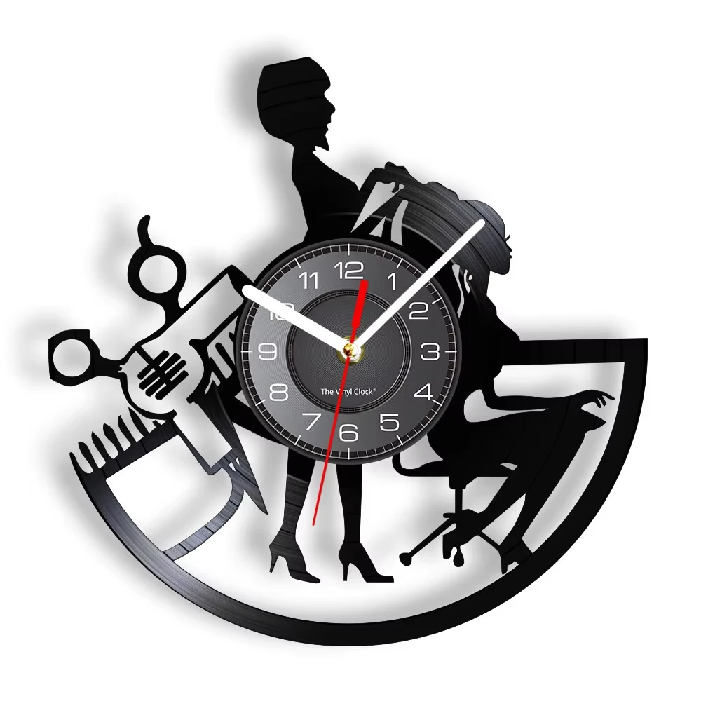 Hair Salon Vinyl Record Wall Clock Scissors Comb Design Vintage Hanging Clock For Barbershop Decor
