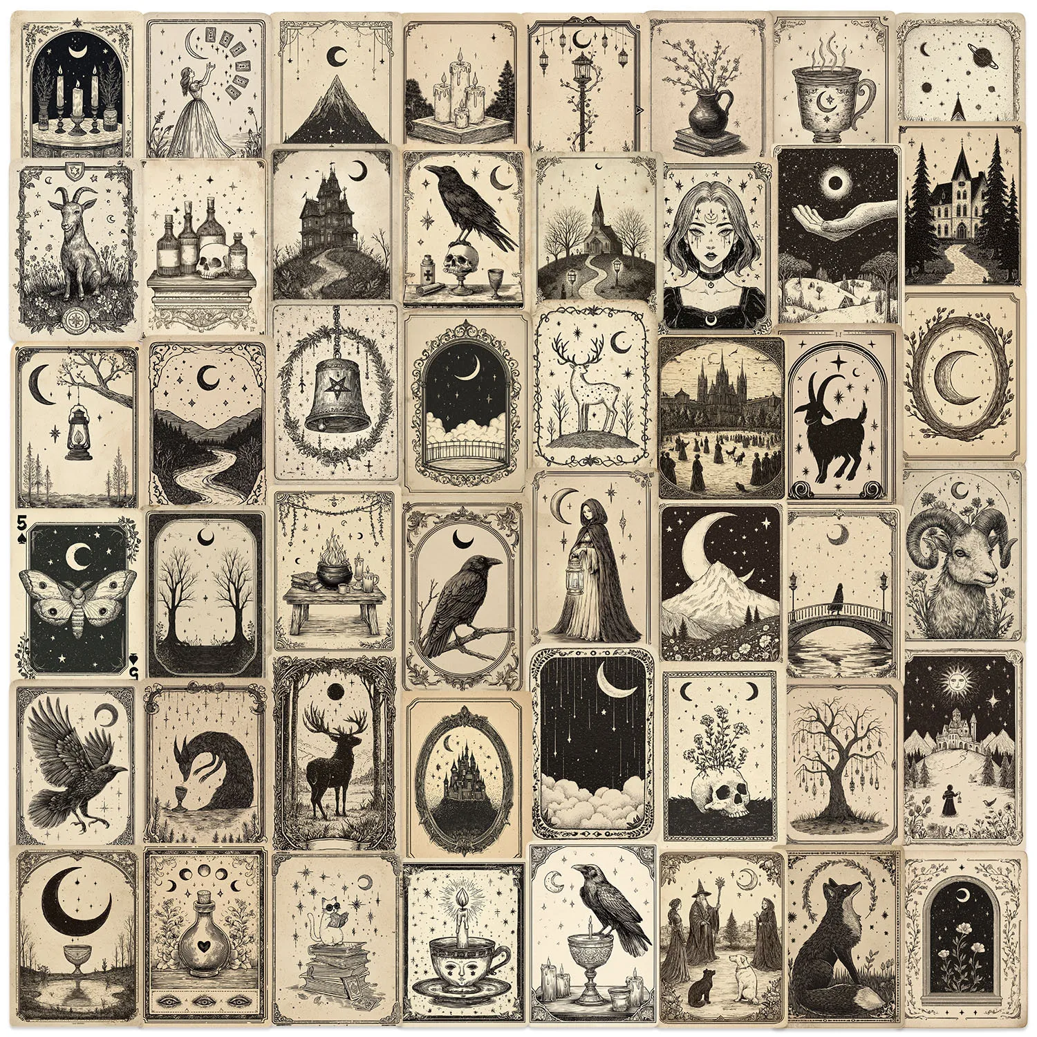 50 PCS Cartoon Gothic Tarot Witch Theme Stickers For Atmosphere Decoration Student DIY Hand Account Material Vinyl Decals