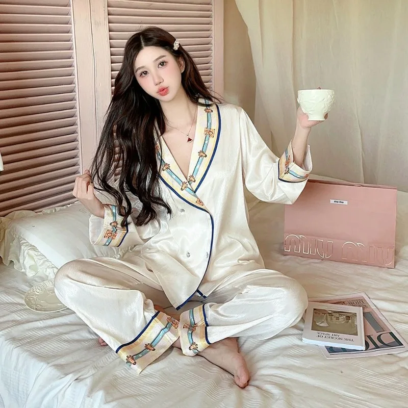 Korean Style Fashionable Women\'s Ice Silk Pajamas Spring New Leisure Thin Nightclothes Set Female High-end Loose Homewear Suit