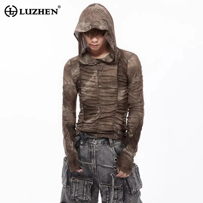 LUZHEN T-shirts Original Tie-dyed Hoodies Pleated Design Long Sleeve Men's 2026 New High Street Trendy Slim Handsome Tops JY8210