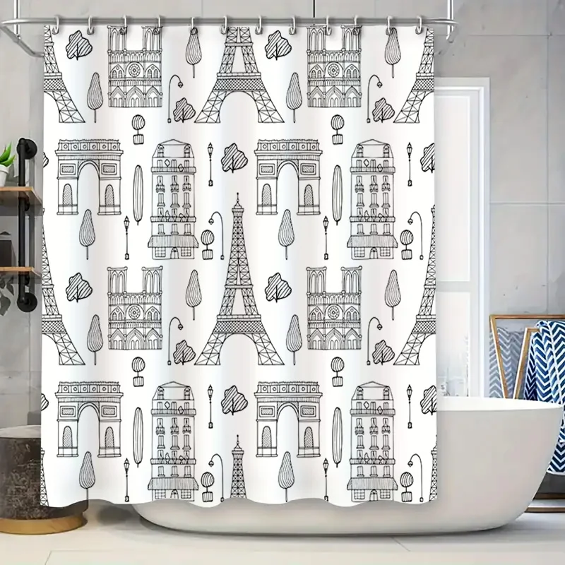 Vintage Parisian Sketch Shower Curtain featuring Eiffel Tower, Notre Dame Cathedral Arc de Triomphe Black White Decor for Bathro