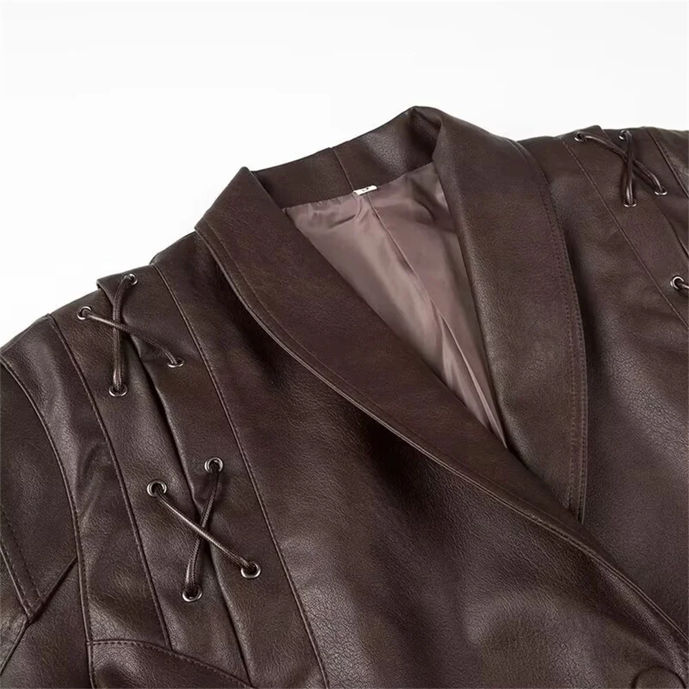Autumn new women's casual versatile lapel long sleeved belt decoration single breasted solid color PU leather jacket